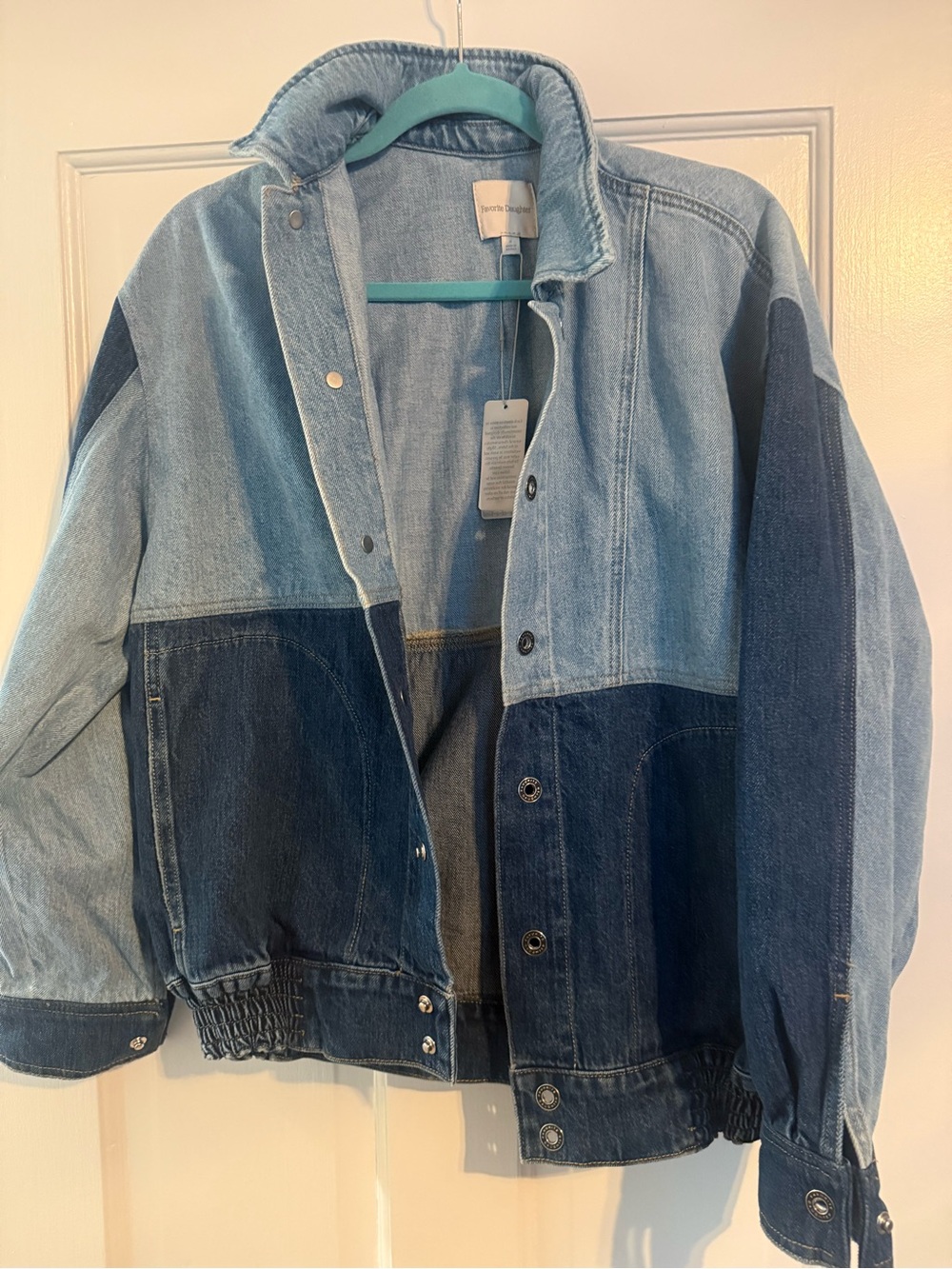 Favorite Daughter Two-Tone Blue Patchwork Denim Jacket